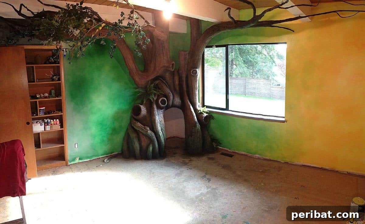 Dad Builds a Magical Indoor Tree, Turning Daughter's Bedroom Into a Dreamland 33 Rough blending of wall paint for a subtle rainbow effect