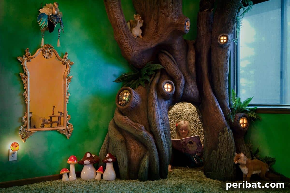 Dad Builds a Magical Indoor Tree, Turning Daughter's Bedroom Into a Dreamland 5 Cozy reading nook inside the tree with a dimmer switch light
