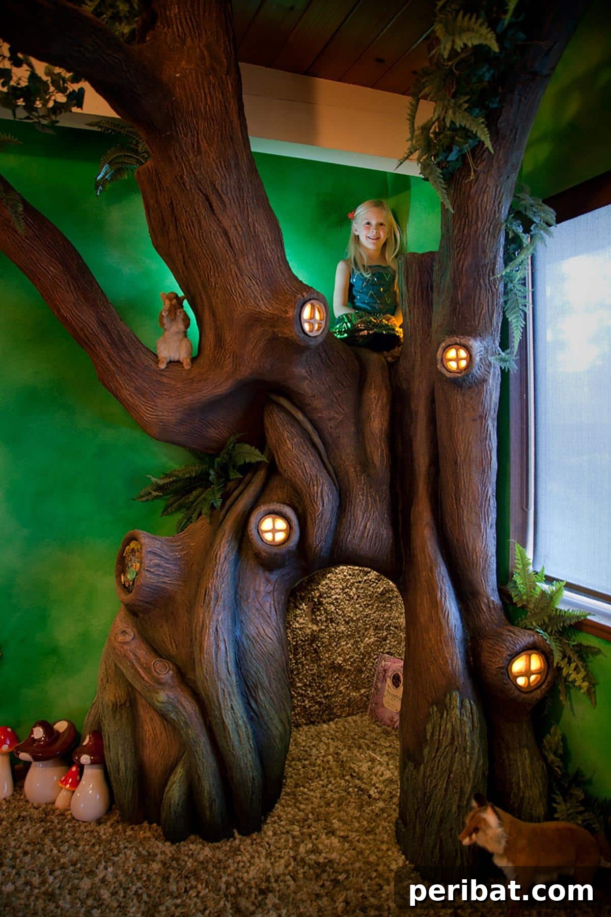 Dad Builds a Magical Indoor Tree, Turning Daughter's Bedroom Into a Dreamland 6 Fairy windows with dimmable 12v circuit inside the custom tree