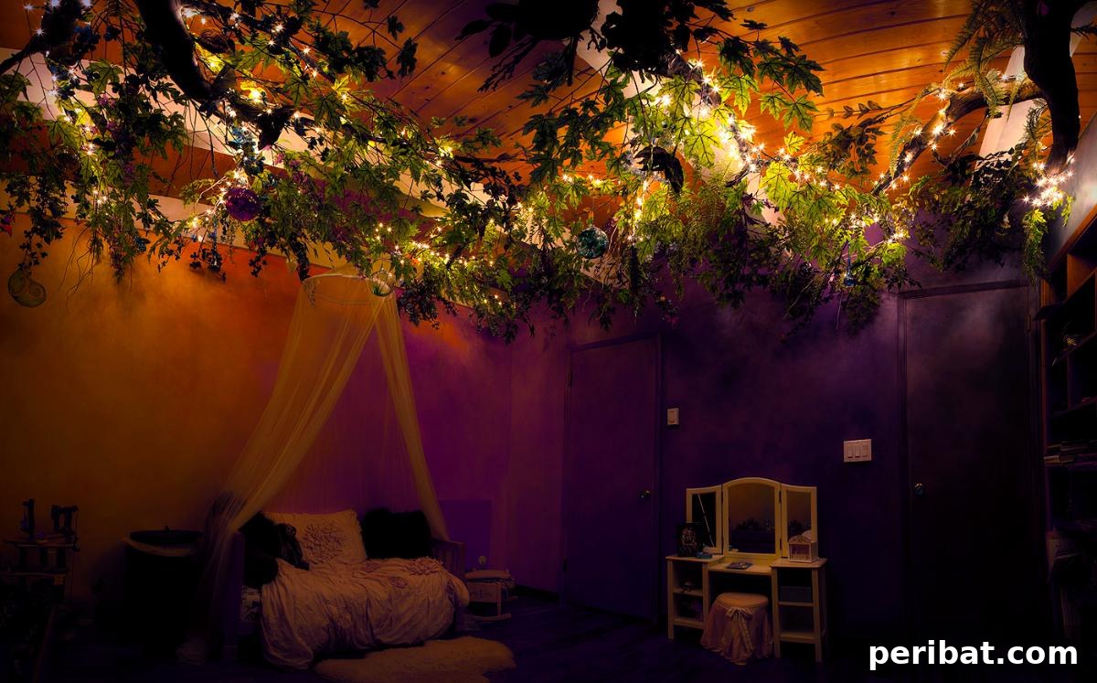 Dad Builds a Magical Indoor Tree, Turning Daughter's Bedroom Into a Dreamland 52 Christmas bulbs wired in branches for a starry night effect