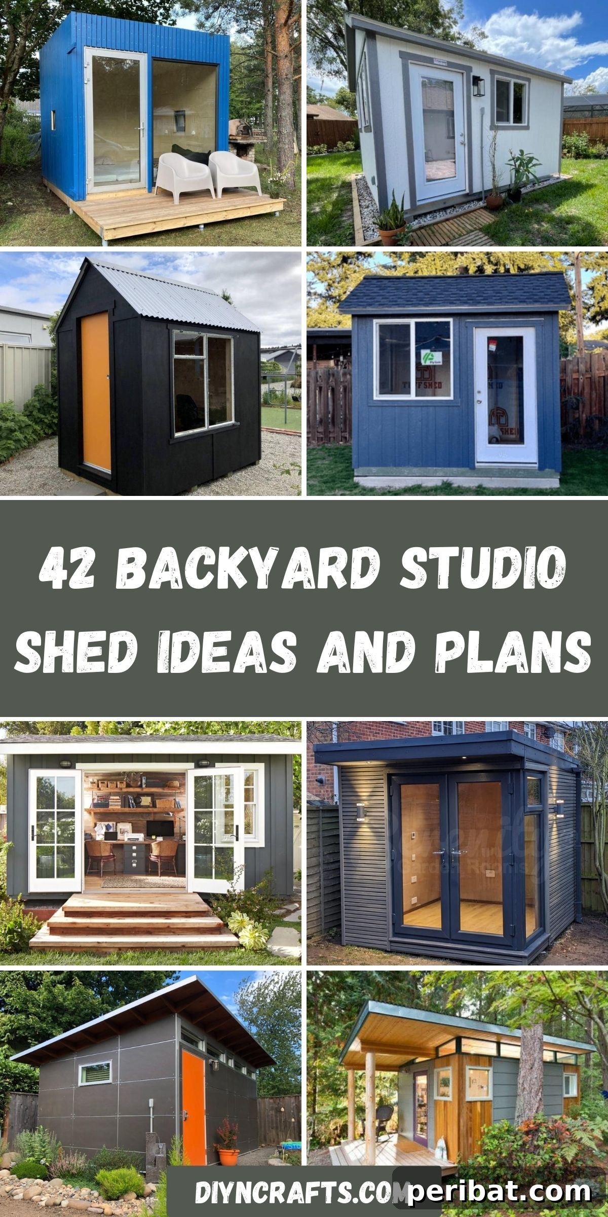 Unlock Your Potential: 42 Inspiring Backyard Studio Shed Designs 2 A vibrant collage showcasing 42 diverse backyard studio shed ideas and plans, inspiring creative and functional outdoor spaces.
