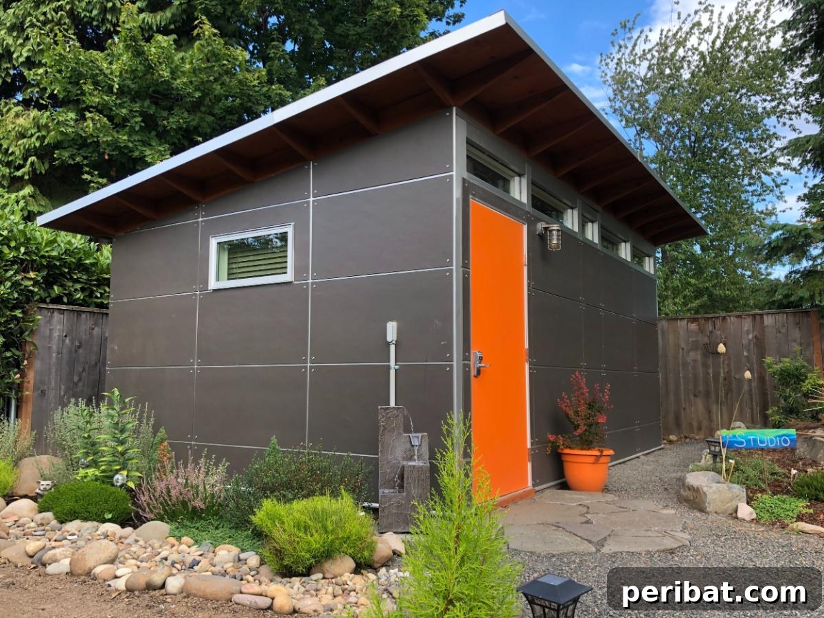Unlock Your Potential: 42 Inspiring Backyard Studio Shed Designs 13 A thoughtfully designed backyard music studio, featuring soundproofing, instruments, and an inspiring atmosphere for musicians.