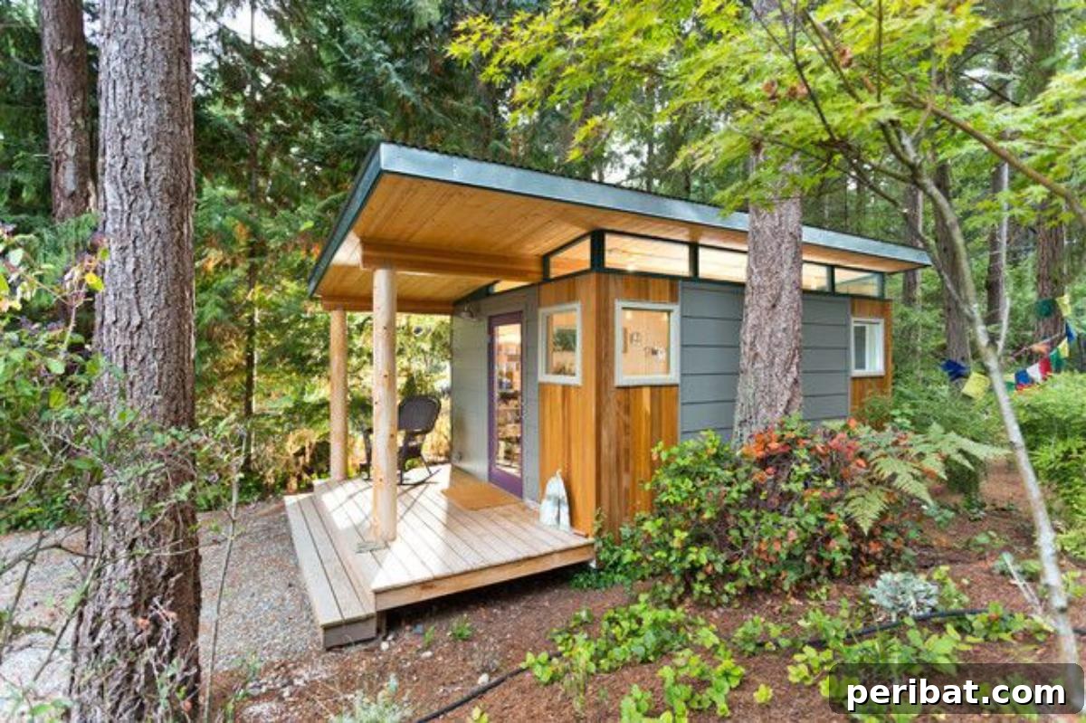 Unlock Your Potential: 42 Inspiring Backyard Studio Shed Designs 17 A modern and efficient prefab shed, seamlessly integrated into a backyard setting, ready for customization.