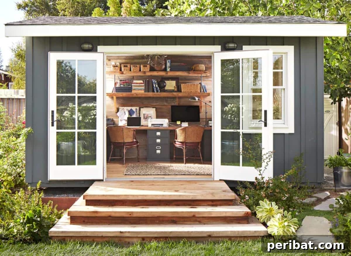 Unlock Your Potential: 42 Inspiring Backyard Studio Shed Designs 18 A beautifully designed DIY outdoor workspace, offering a peaceful and productive environment amidst nature.