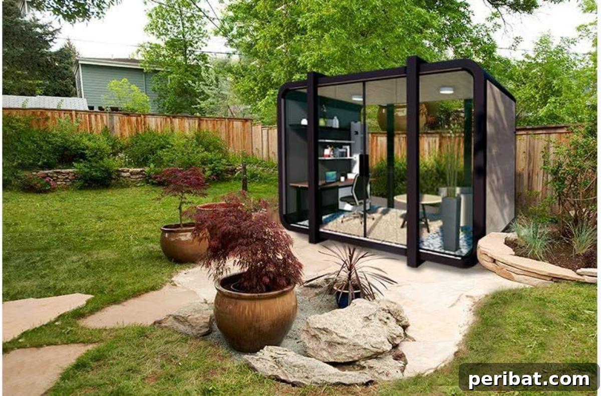 Unlock Your Potential: 42 Inspiring Backyard Studio Shed Designs 33 A sleek and modern outdoor backyard prefab home office shed pod, designed for quick installation and high functionality.