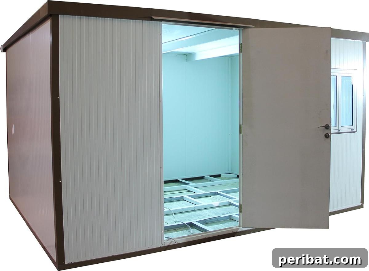 Unlock Your Potential: 42 Inspiring Backyard Studio Shed Designs 37 A modern Flat Roof Insulated Building (13x10), designed for efficiency and aesthetic appeal in a backyard setting.