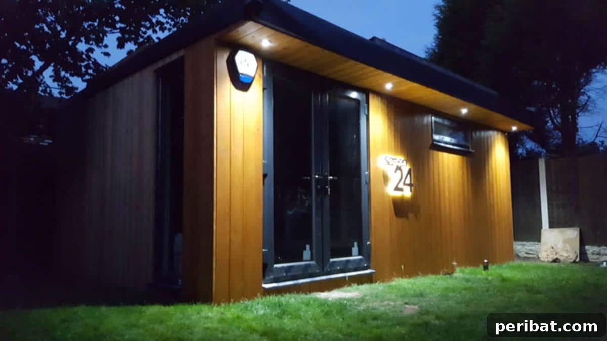 Unlock Your Potential: 42 Inspiring Backyard Studio Shed Designs 42 A luxurious DIY Garden Room transformed into a home cinema, featuring comfortable seating and a large screen for entertainment.
