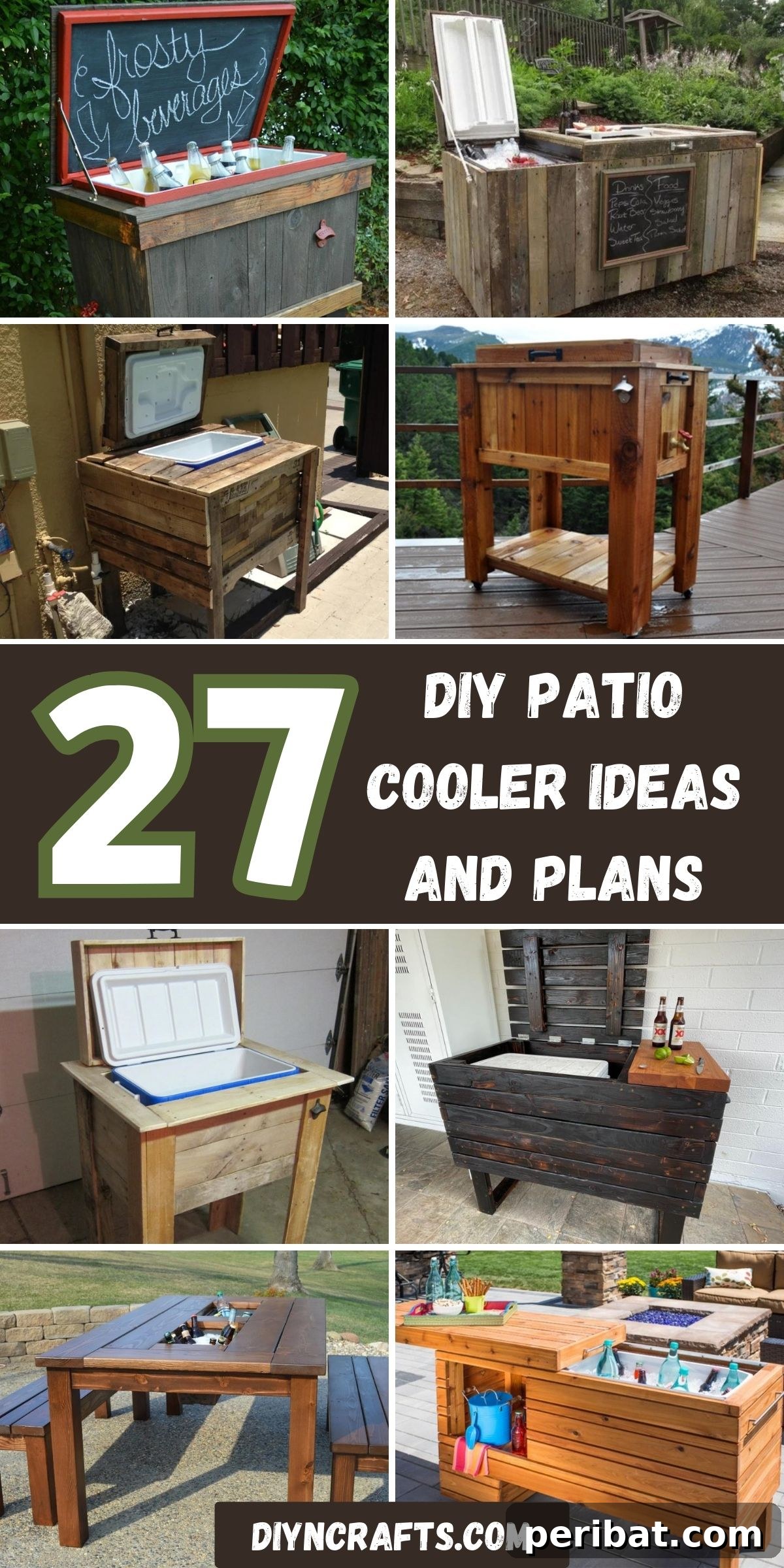 Homemade Patio Refreshment Stations 2 27 DIY Patio Cooler Ideas and Plans collage. A visual compilation of various homemade outdoor cooler designs, showcasing different styles and functionalities, from rustic wooden boxes to sleek modern carts, all designed to keep drinks chilled for patio entertaining.