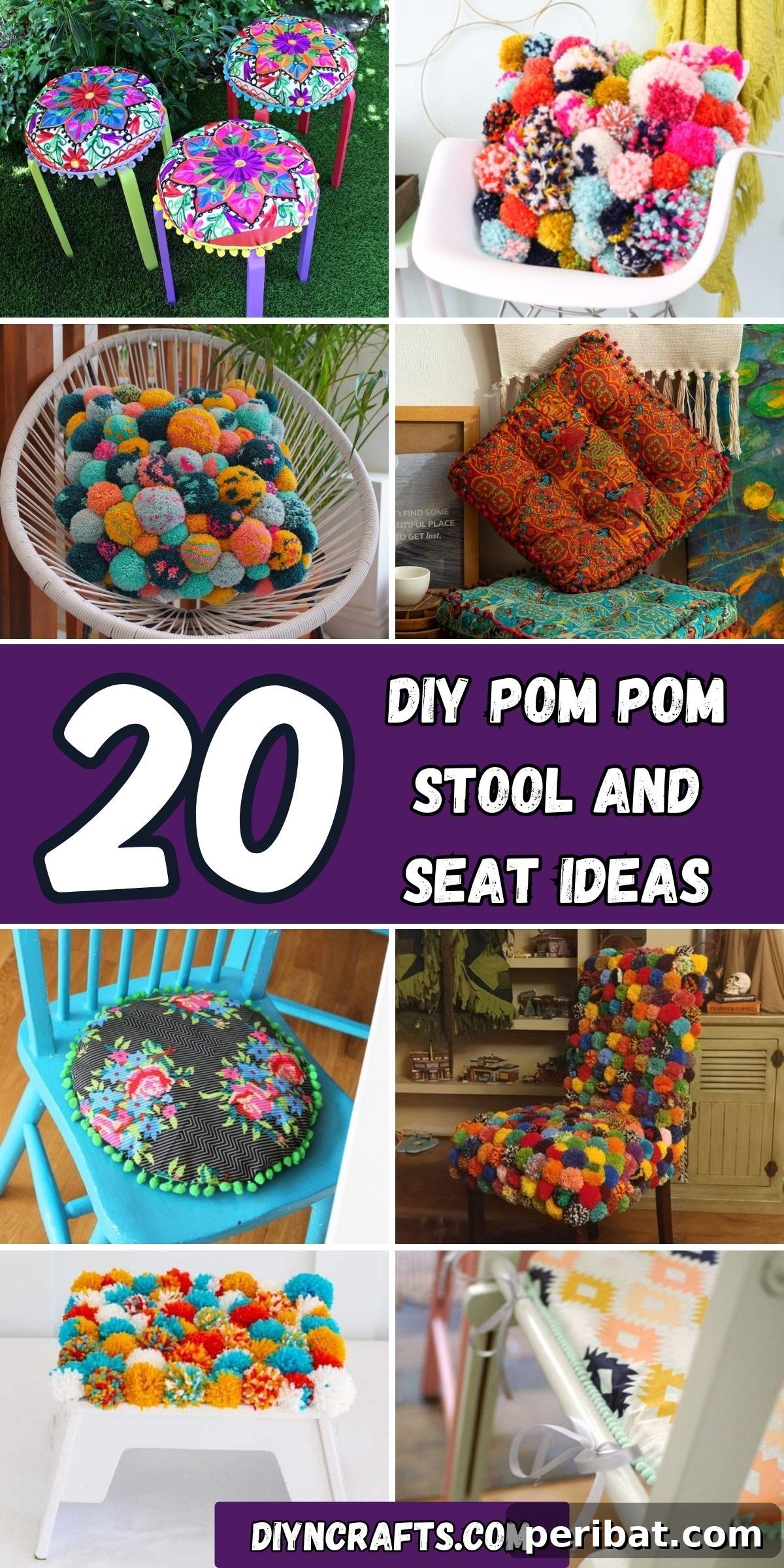 20 DIY Pom Pom Stool and Seat Ideas collage.