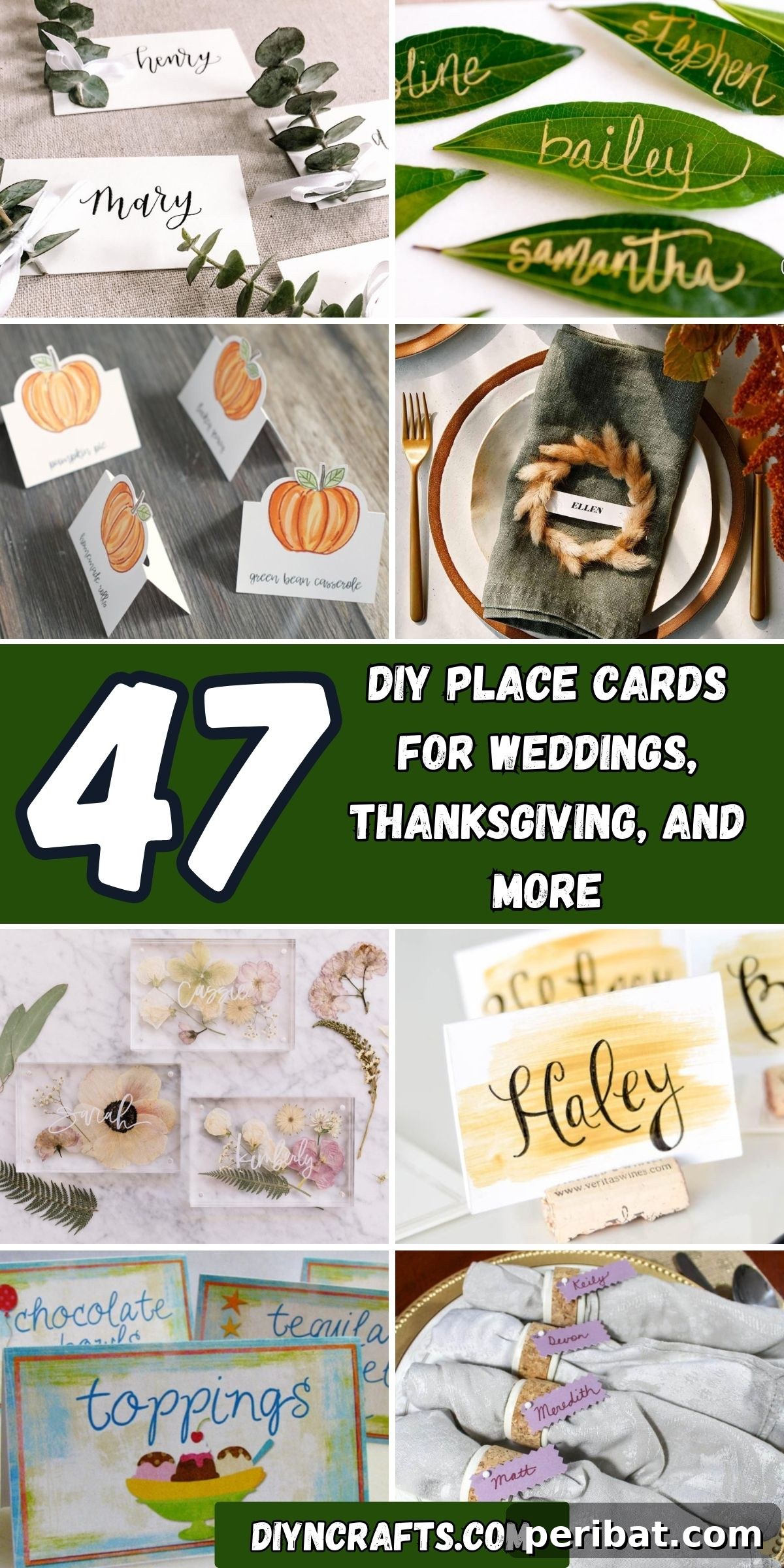47 DIY Place Cards for Weddings, Thanksgiving, and More collage. A collection of diverse, creative place card ideas featuring various themes and materials, from floral and rustic to elegant and modern designs, perfect for weddings, Thanksgiving, and other special occasions.