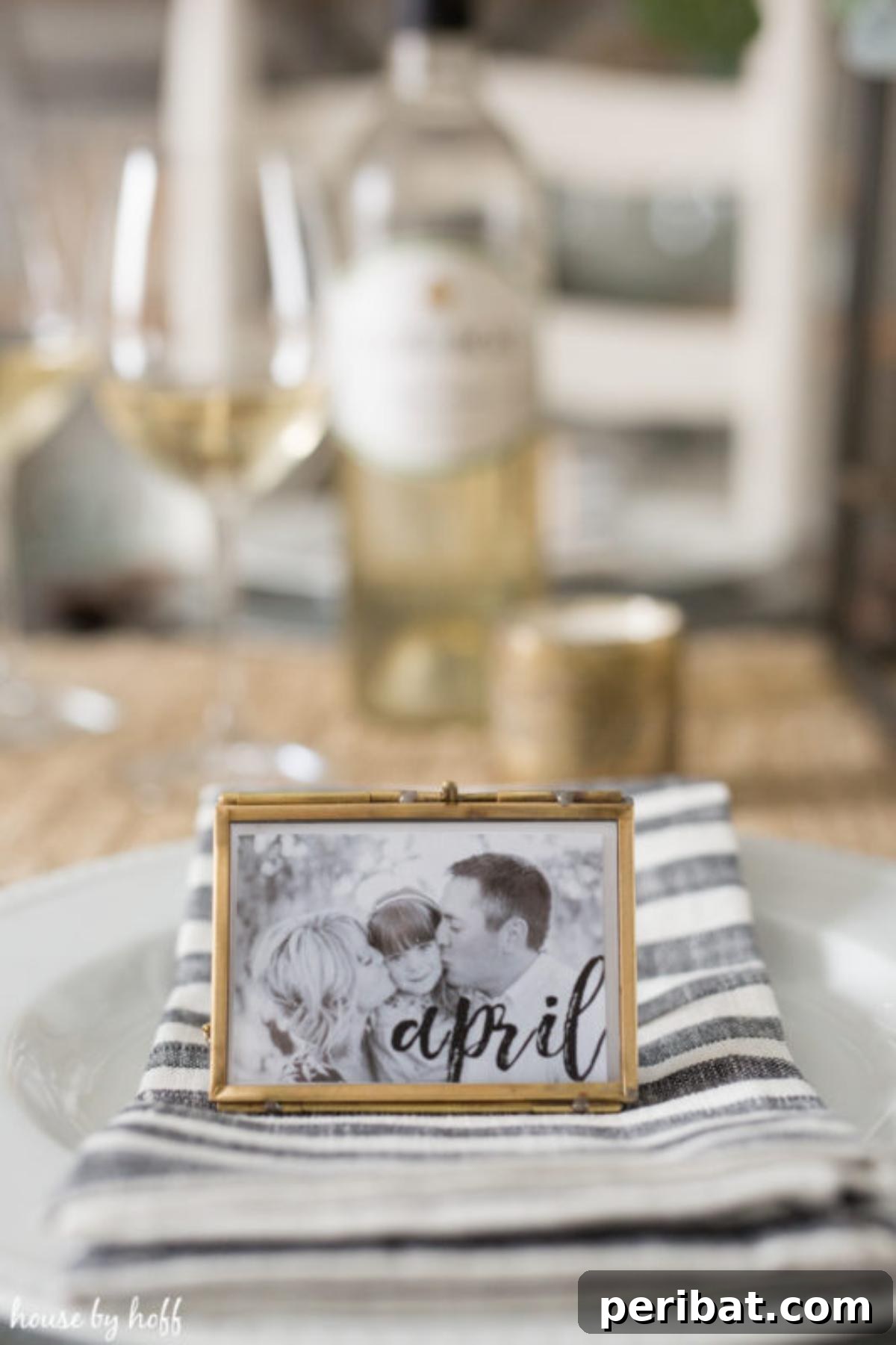 DIY Photo Place Card. Showcases place cards adorned with small, personal photographs, offering a unique and sentimental way to guide guests to their seats.