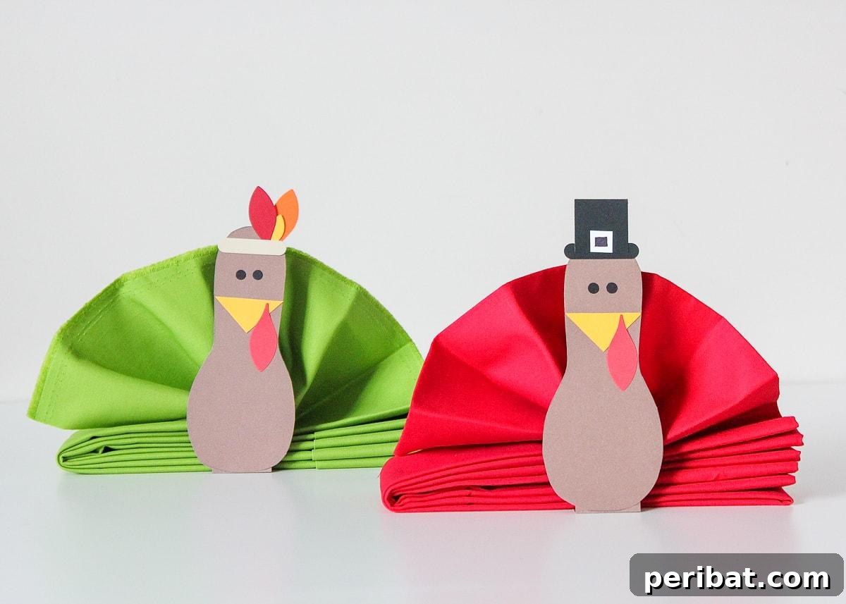 DIY Turkey Napkins for Your Thanksgiving Table. Shows intricately folded napkins resembling turkeys, with a name card tucked in, adding a playful and festive element to the Thanksgiving dinner.