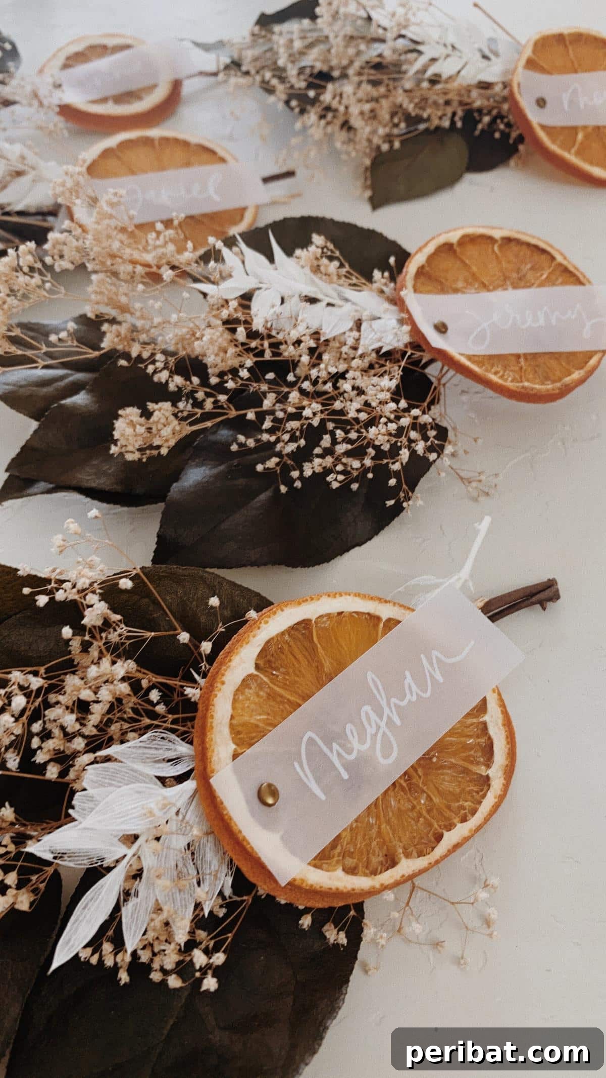 Dried Orange Slice Place Cards. Displays natural dried orange slices repurposed as place cards, with names written on them, adding a fragrant and rustic charm to table settings.
