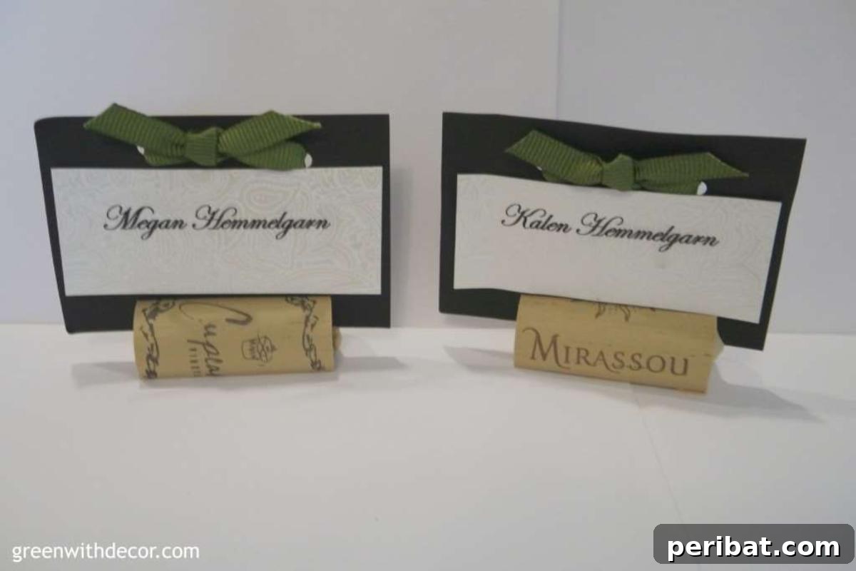 Wedding Place Cards From Wine Corks. Shows place cards creatively made by inserting name cards into repurposed wine corks, offering a rustic, eco-friendly, and charming decor idea.