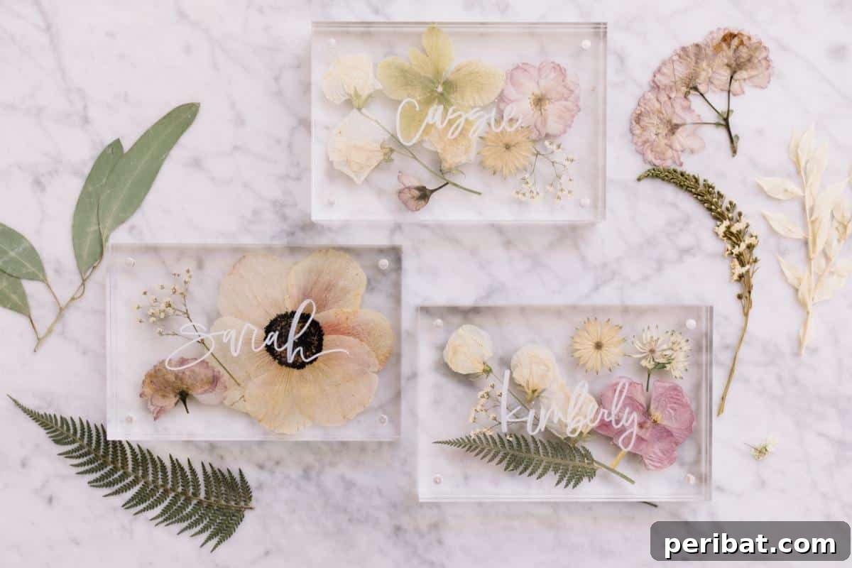 DIY Pressed Flower Place Cards. Features delicate place cards adorned with beautifully preserved pressed flowers, adding a botanical and whimsical touch to table settings.
