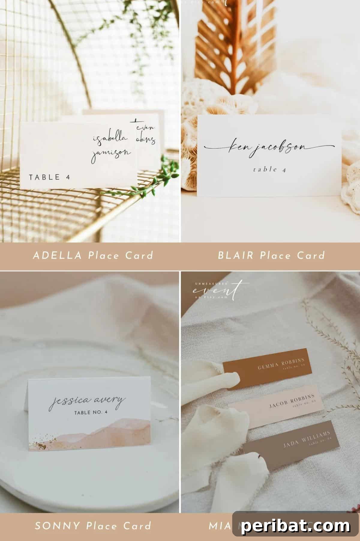 Easy DIY Wedding Place Cards. Features a simple yet elegant design with a name elegantly written on a card, making it a perfect, budget-friendly option for wedding receptions.