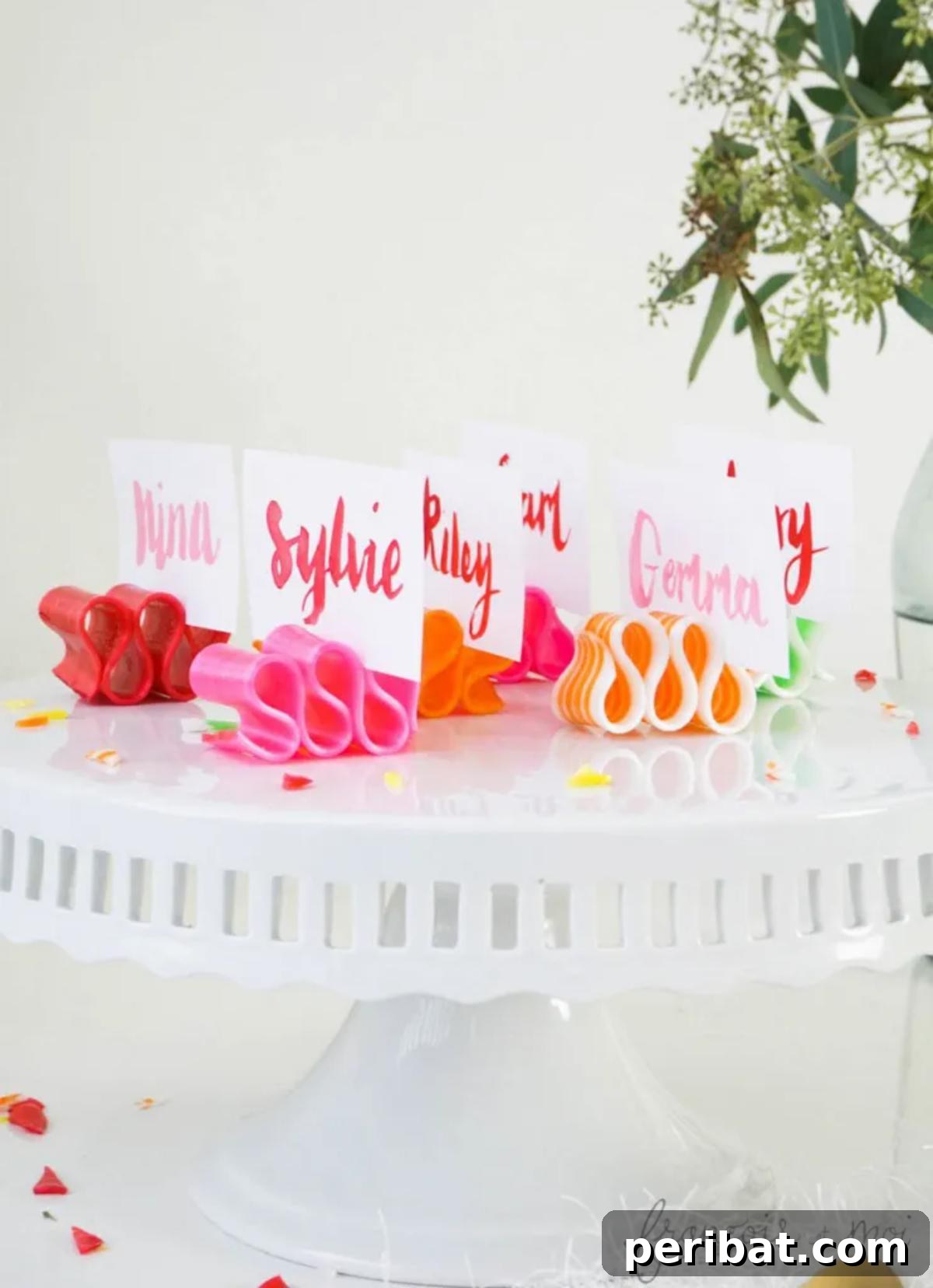 Watercolor Candy Ribbon Place Cards. Displays place cards featuring soft watercolor designs with attached candy and elegant ribbons, offering an interactive and delightful experience for guests.