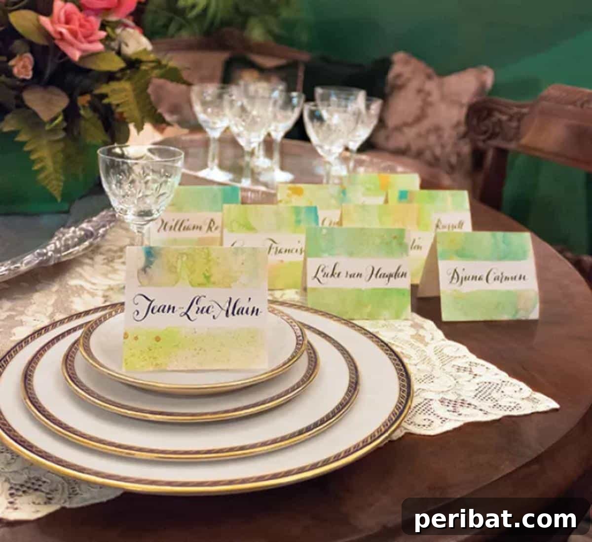 DIY Watercolor Wash Place Cards. Features place cards with a dreamy, artistic watercolor wash background and minimalist text, creating an ethereal and personalized look.