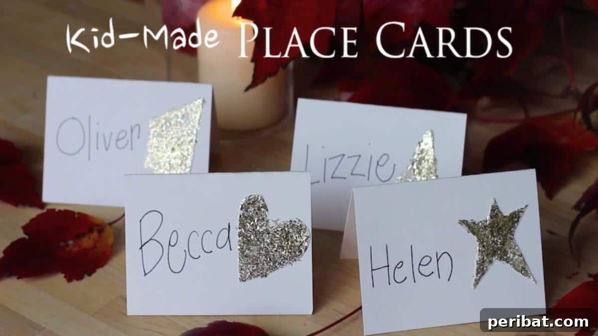 Kid-Made Place Cards. Displays colorful and creatively drawn place cards made by children, adding a heartwarming, playful, and sentimental touch to any celebration.