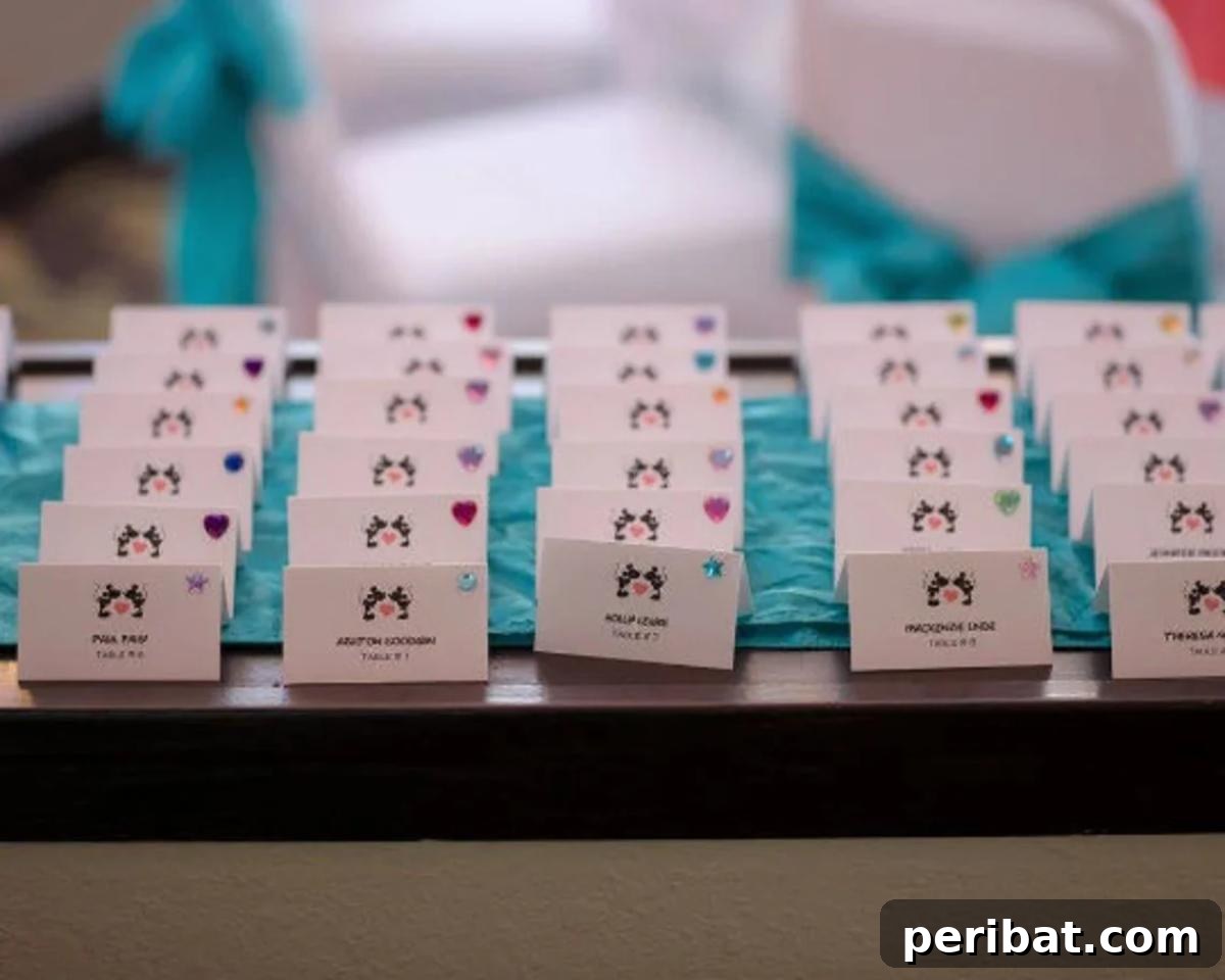 Customizable Mickey & Minnie Mouse Wedding Place Cards. Displays whimsical place cards featuring beloved Mickey and Minnie Mouse designs, offering a nostalgic and fun touch for Disney-themed weddings.