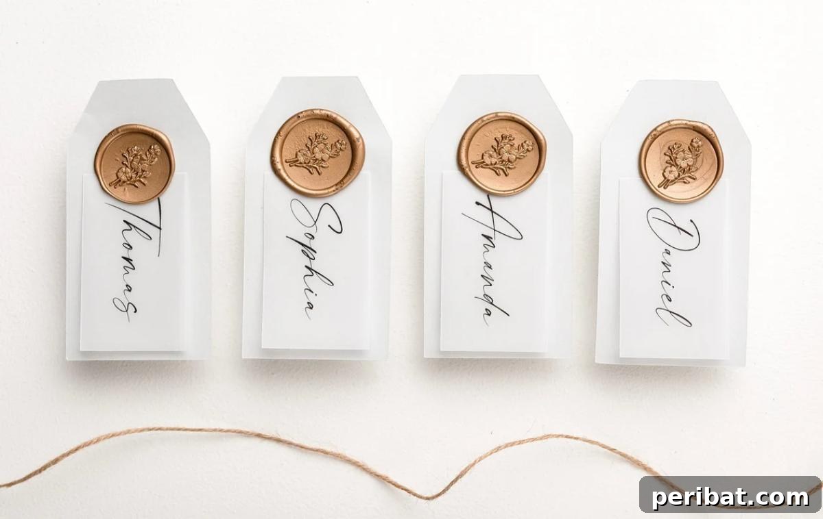 DIY Vellum Wedding Place Cards. Features elegant and translucent vellum paper place cards with delicate printing, offering a sophisticated and minimalist option for wedding decor.