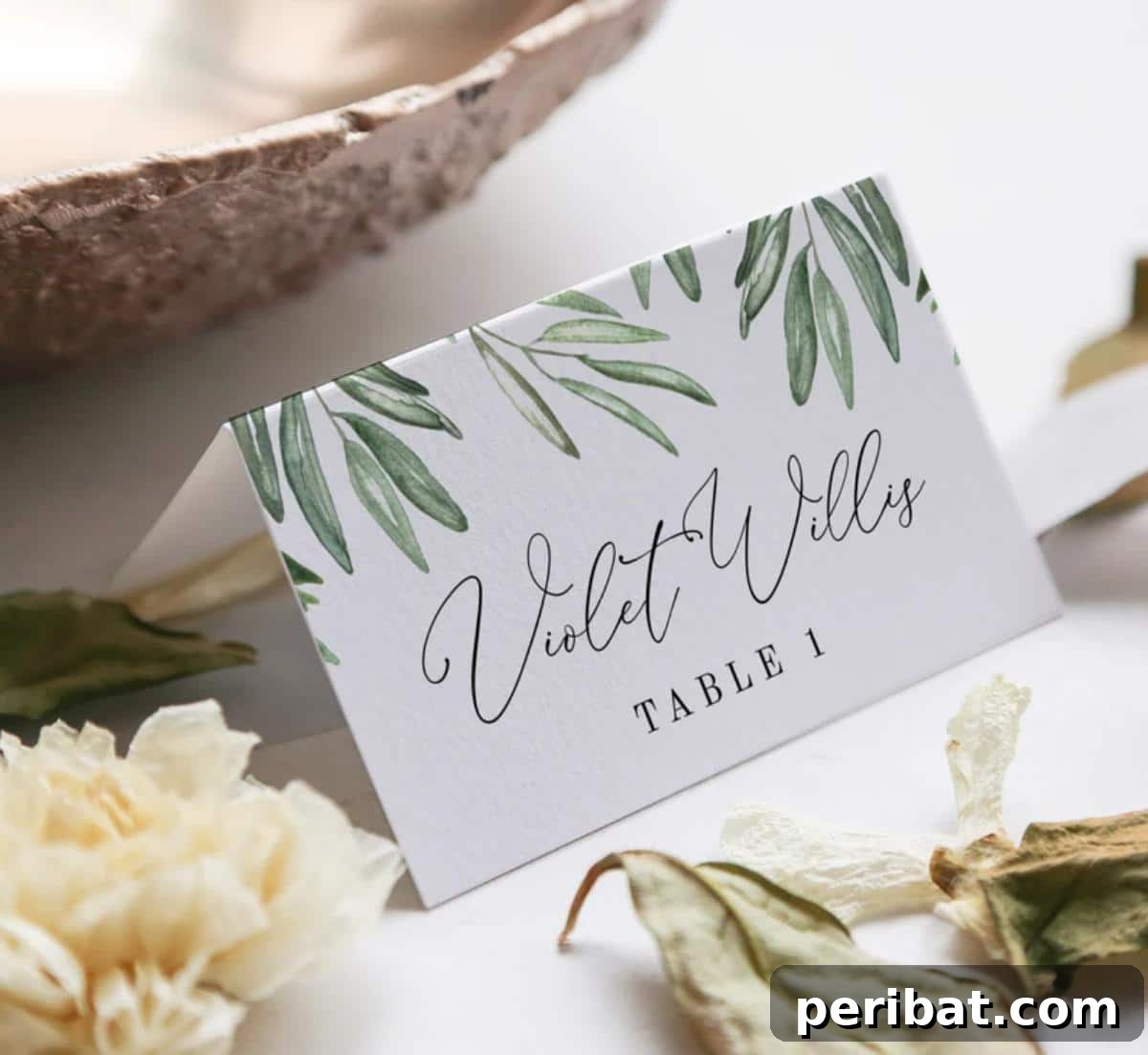Olive Place Cards Printable For Events. Displays elegant place cards featuring delicate olive branch designs, offering a Mediterranean touch that's easily printable for various events.