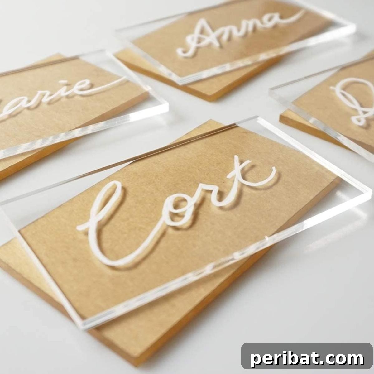 Clear Acrylic Place Cards for Events. Shows sleek, transparent rectangular acrylic cards with white lettering, providing an elegant and minimalist option for various events.