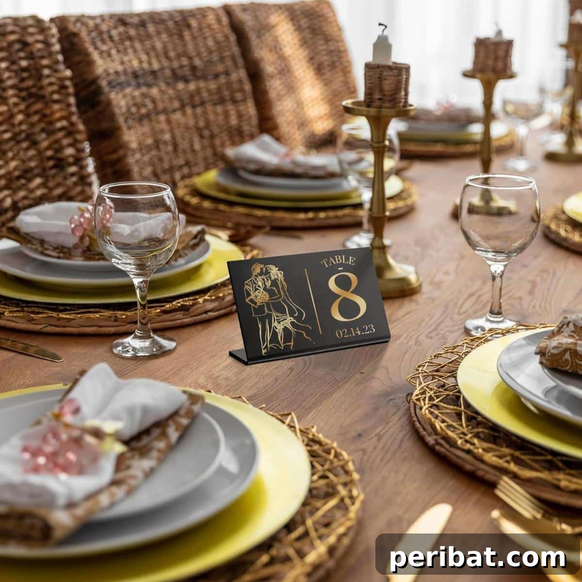 DIY Mini Chalkboard Place Card. Features small, freestanding chalkboard signs used as place cards, allowing for customizable, charming, and vintage-inspired seating arrangements.