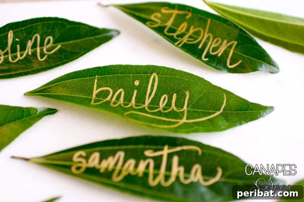 Easy Leaf Place Cards. Features real or artificial leaves used as place cards, with names written elegantly on them, perfect for fall or nature-themed events.