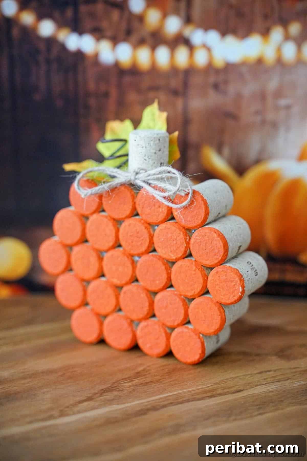Uncork Your Creativity 50 Wine Cork DIY Projects 11 An upcycled rustic wine cork pumpkin decoration, made by arranging several wine corks into a pumpkin shape, possibly with a twig for a stem, ideal for fall decor.
