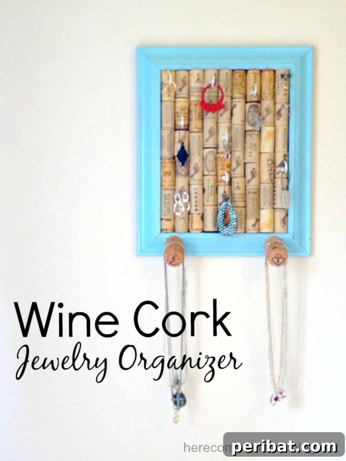 Uncork Your Creativity 50 Wine Cork DIY Projects 16 A functional wine cork jewelry organizer, featuring wine corks mounted on a board or frame, used to hang necklaces, bracelets, and earrings.