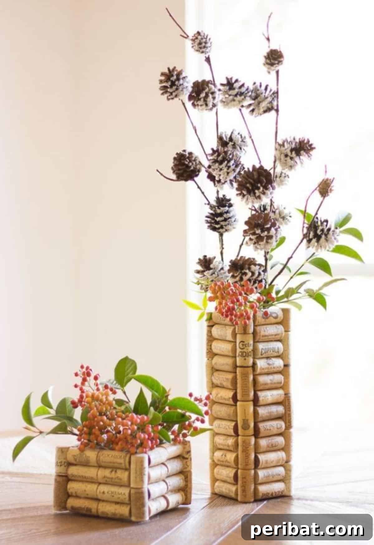 Uncork Your Creativity 50 Wine Cork DIY Projects 20 Thrifty DIY wine cork vases, demonstrating how to cover a simple vase with wine corks for a textured, rustic look.