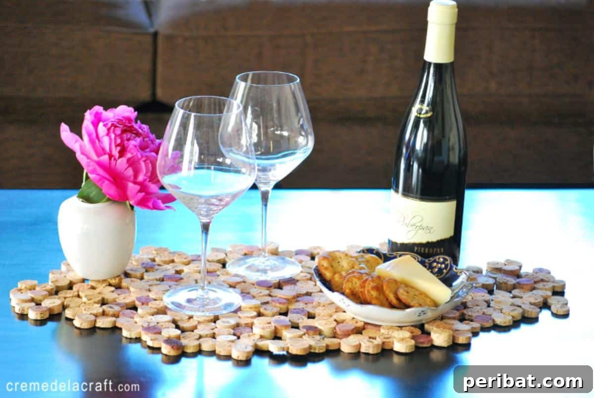 Uncork Your Creativity 50 Wine Cork DIY Projects 22 A DIY cork tile placemat made from sliced wine corks, arranged into a geometric pattern for a unique and heat-resistant table accessory.