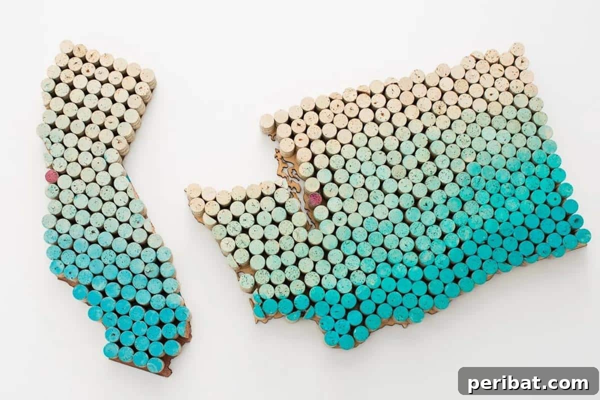 Uncork Your Creativity 50 Wine Cork DIY Projects 25 State-shaped wall art crafted entirely from old wine corks, showcasing a creative and patriotic way to upcycle corks into unique home decor.