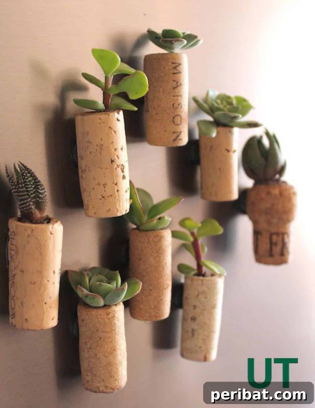 Uncork Your Creativity 50 Wine Cork DIY Projects 30 DIY Wine Cork Planters, showing small succulents or air plants nestled into hollowed-out wine corks, perfect for miniature indoor greenery.