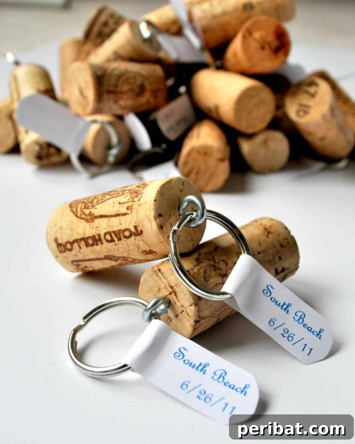 Uncork Your Creativity 50 Wine Cork DIY Projects 31 Several simple wine cork keychains, showing various corks with attached keyrings, possibly decorated or personalized.
