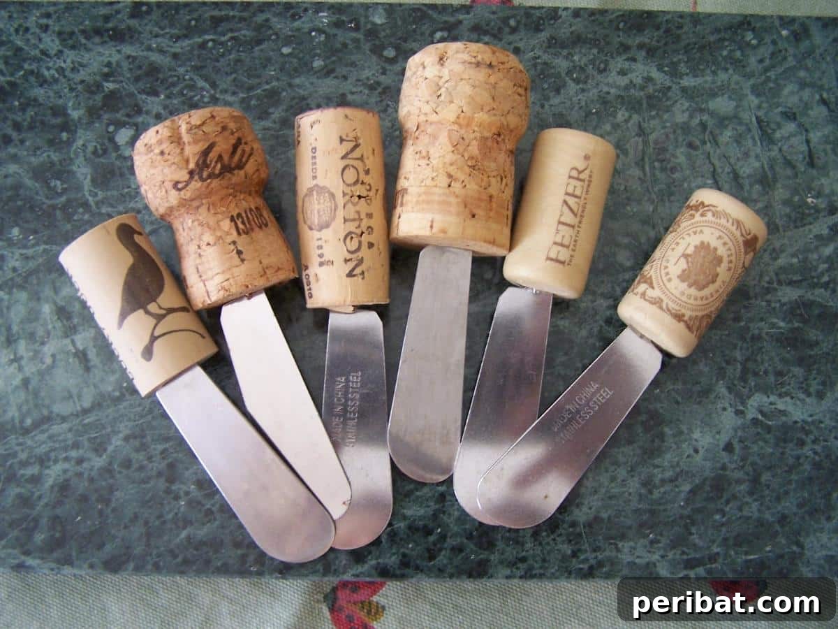 Uncork Your Creativity 50 Wine Cork DIY Projects 32 DIY Canape’ Knives, featuring small spreading knives with wine corks serving as unique, comfortable handles.