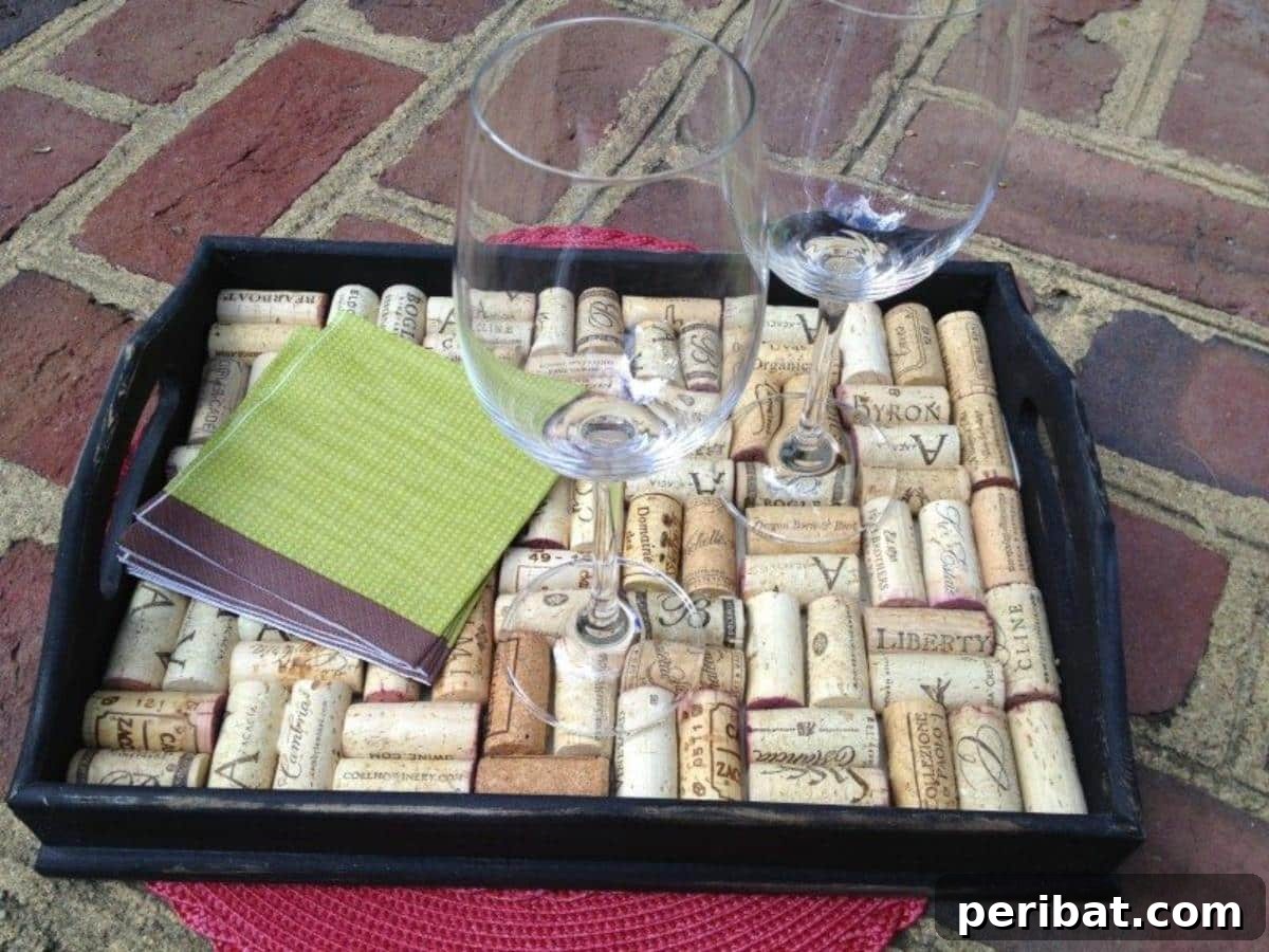 Uncork Your Creativity 50 Wine Cork DIY Projects 34 A DIY Wine Cork Tray, featuring a serving tray with its surface covered in neatly arranged wine corks, offering a rustic and unique texture.