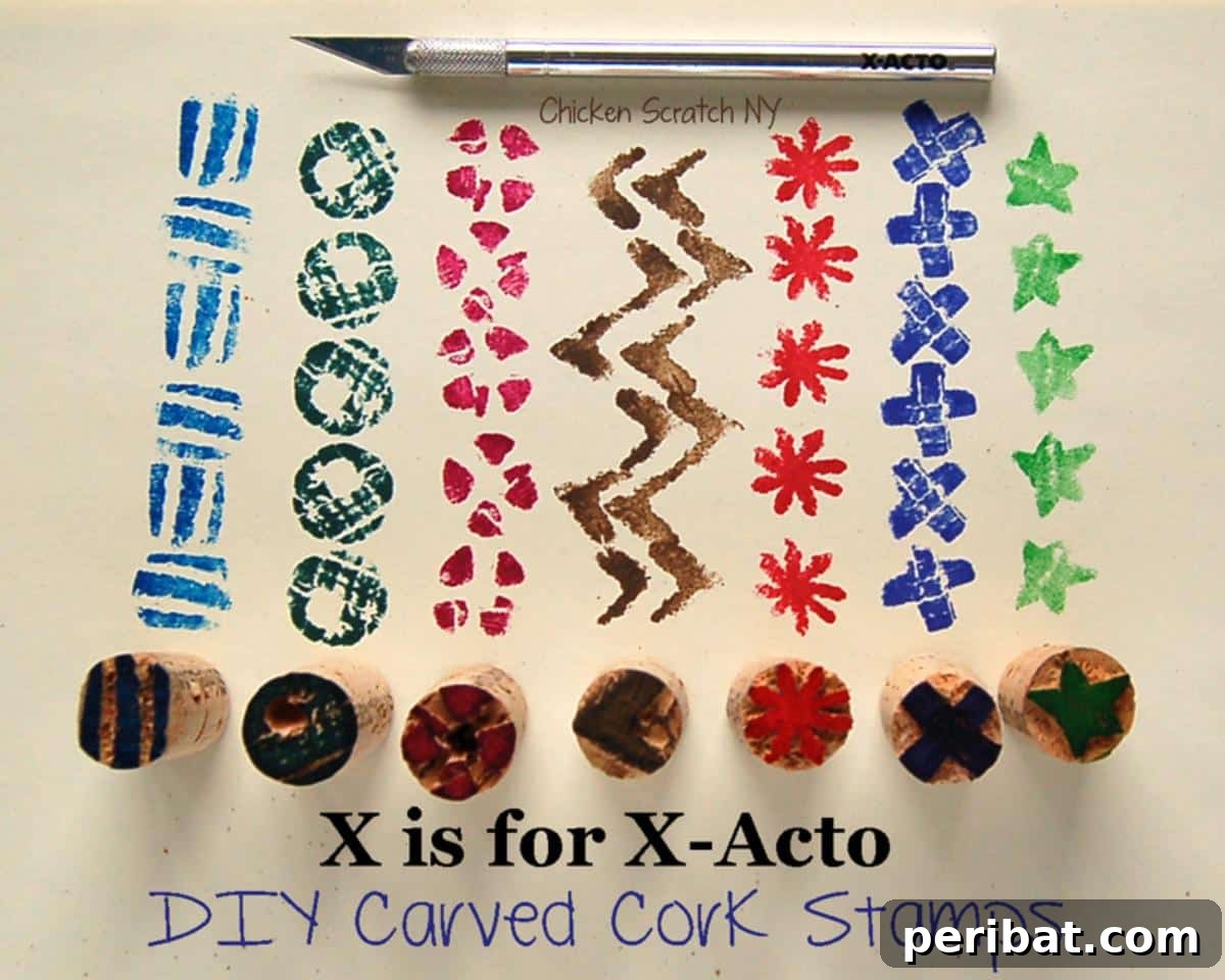 Uncork Your Creativity 50 Wine Cork DIY Projects 38 X-Acto Knife Cork Stamps, showing wine corks with intricate designs carved into one end using an X-Acto knife, ready for stamping.