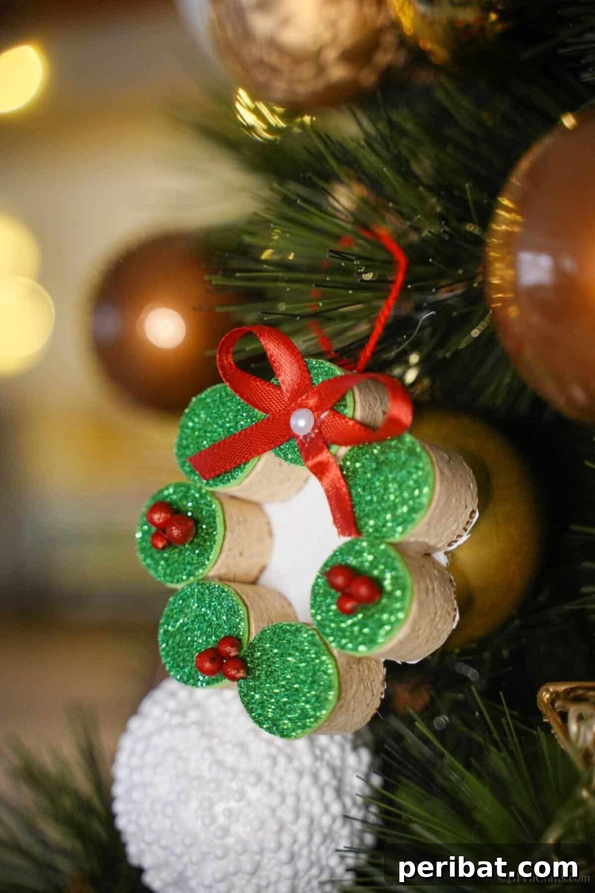 Uncork Your Creativity 50 Wine Cork DIY Projects 9 A DIY bowtie wine cork wreath ornament, featuring wine corks arranged in a circular wreath shape, adorned with a small fabric bow for a charming holiday look.