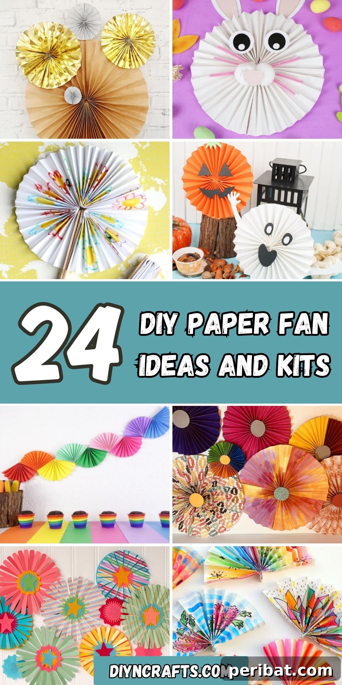 24 Creative DIY Paper Fan Projects 2 A vibrant collage showcasing 24 diverse DIY paper fan ideas and crafting kits, featuring various themes like animals, holidays, elegant designs, and practical hand fans.