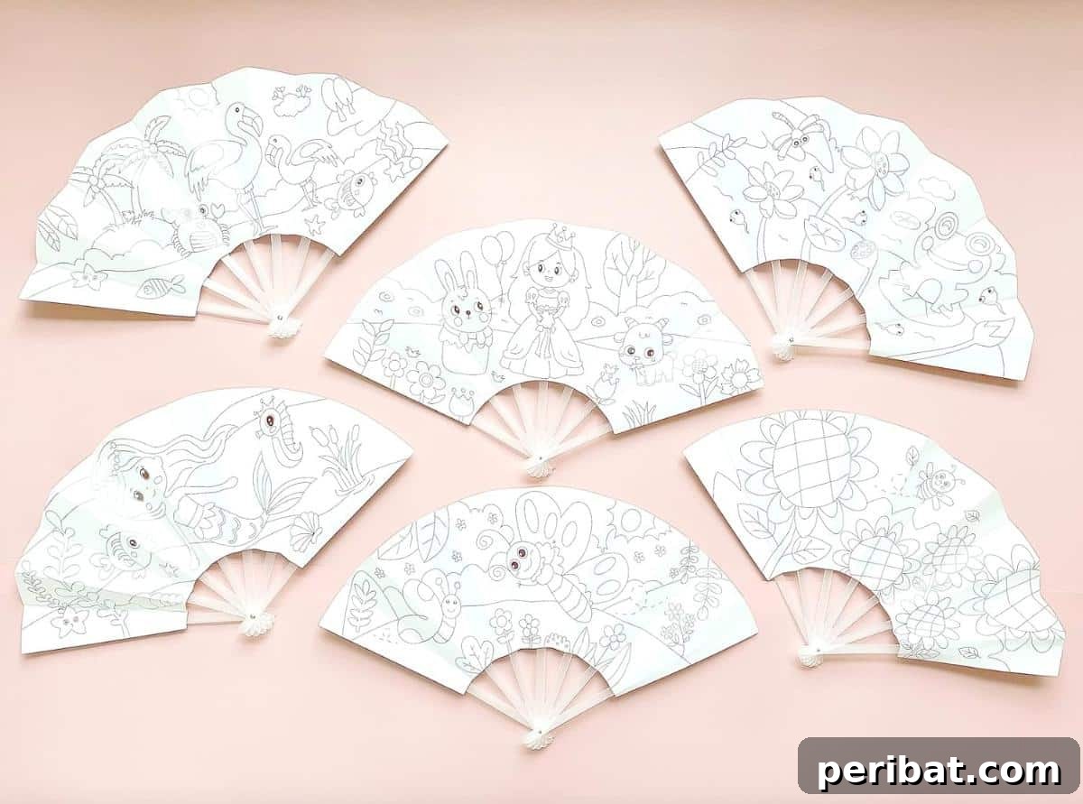 24 Creative DIY Paper Fan Projects 11 A set of DIY coloring paper folding fans for kids, featuring six unique designs for creative art activities and durable construction.