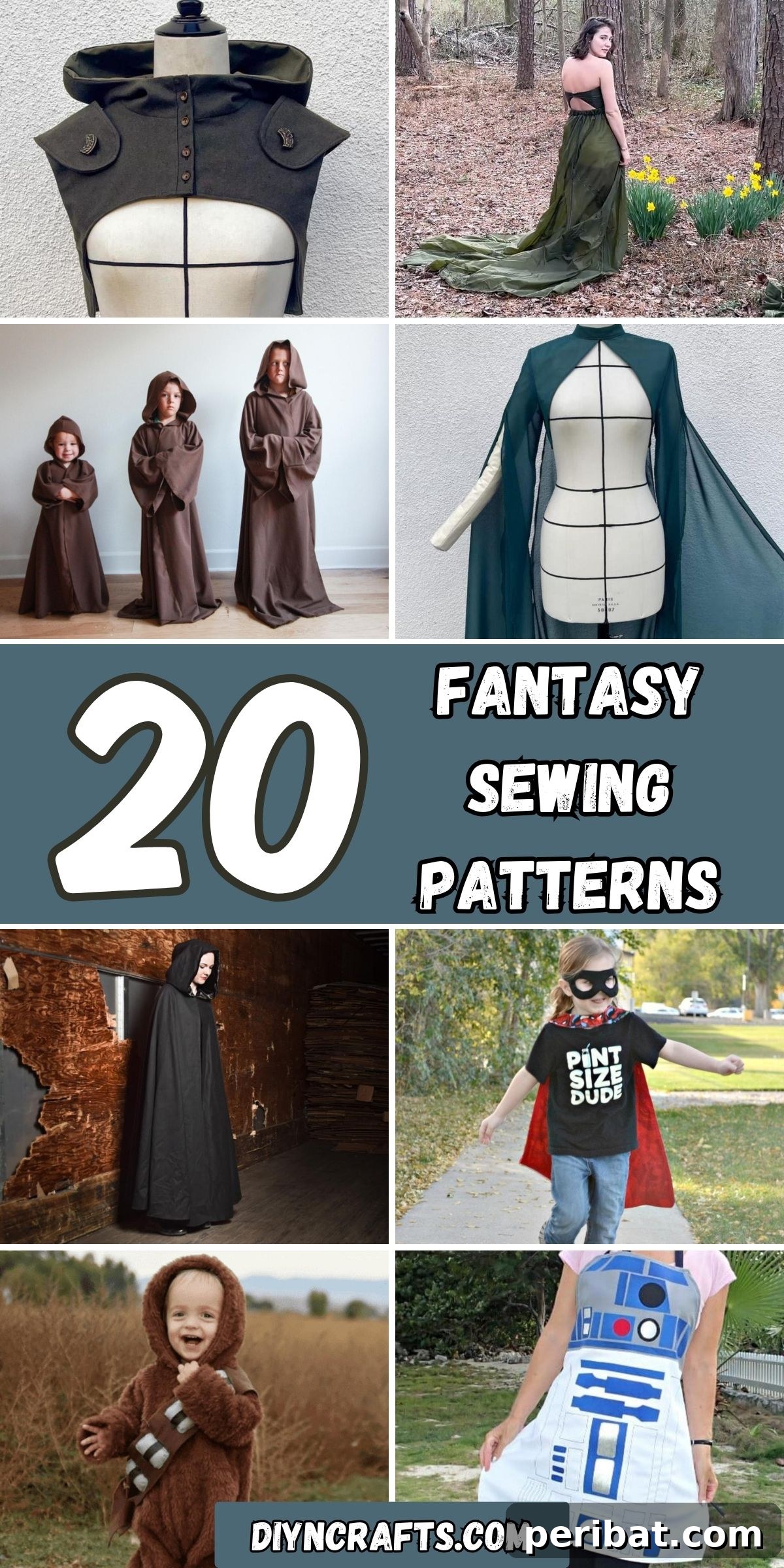 Enchanting Stitches: 20 Magical Sewing Designs 2 20 Fantasy Sewing Patterns collage highlighting various costume elements like cloaks, capes, and Star Wars characters.