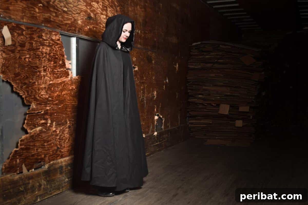 Enchanting Stitches: 20 Magical Sewing Designs 12 Hooded Cloak with Lining, shown in a mysterious black fabric.