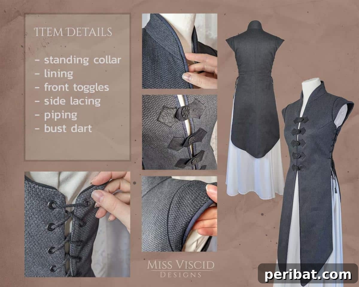 Enchanting Stitches: 20 Magical Sewing Designs 21 Female Fantasy Tabard Vest with Lacing, an elegant medieval design.