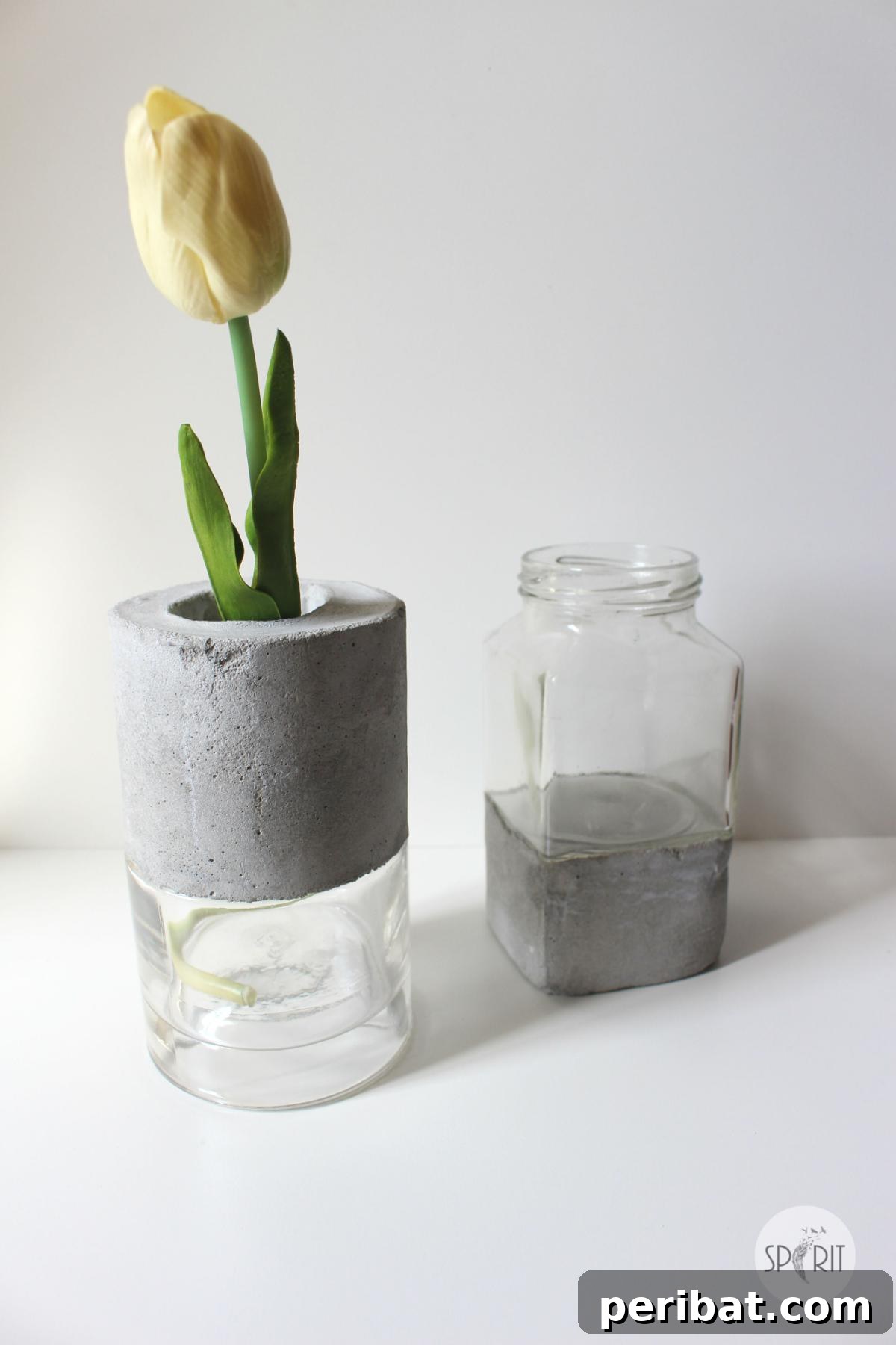 23 Modern Concrete Planter & Vase Projects 13 DIY Concrete Glass Vases, combining rough concrete with smooth glass for a unique contemporary decorative piece.