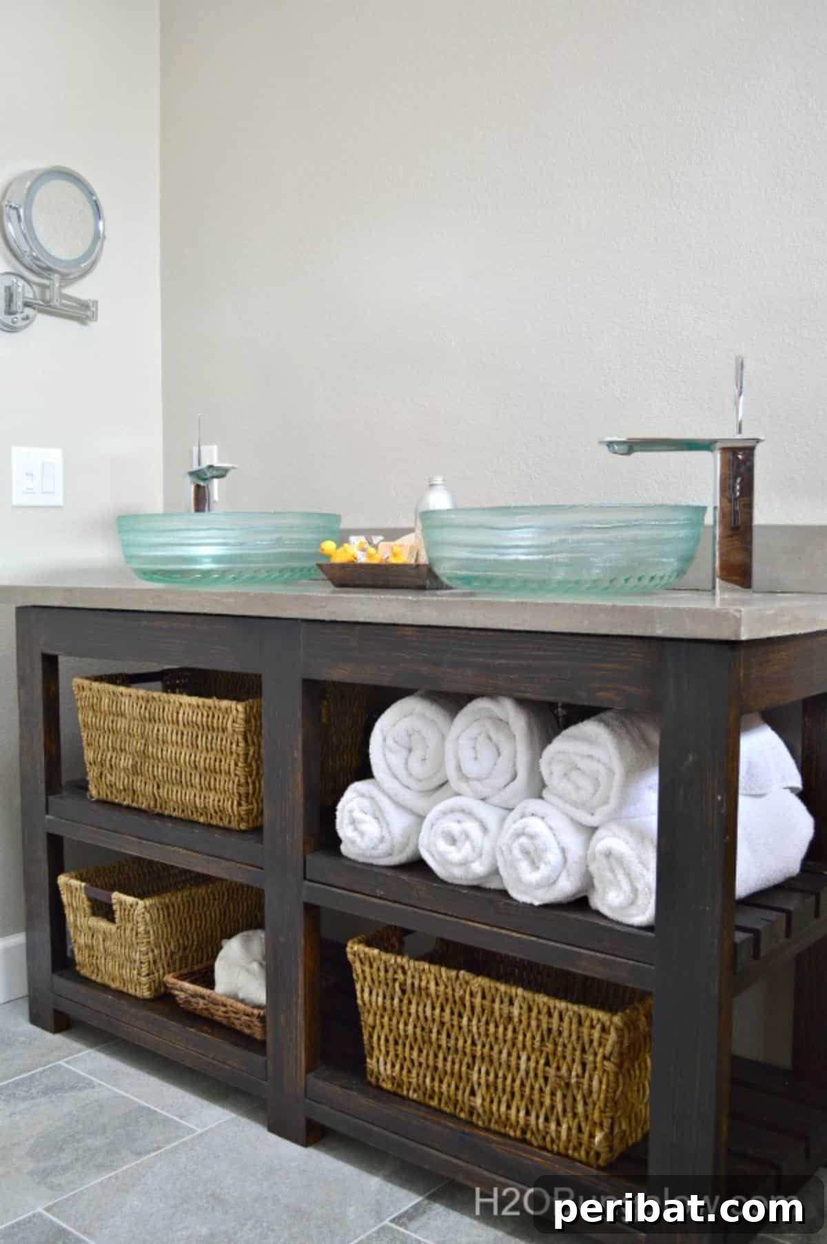 29 DIY Vanity Transformations: Stylish and Practical Designs 20 Modern DIY Open Shelf Vanity for Bathrooms