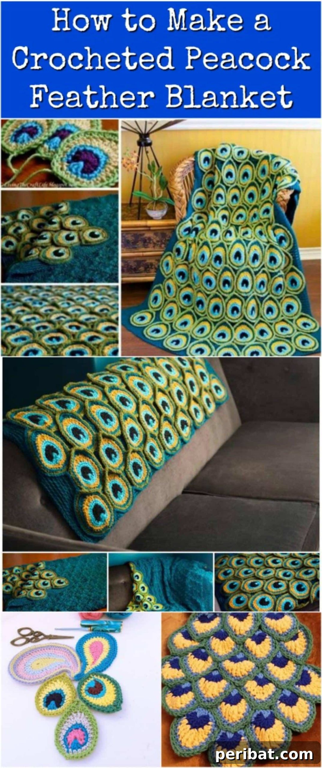 32 Cozy DIY Throw Blanket Ideas 3 DIY Crocheted Peacock Feather Blanket collage.