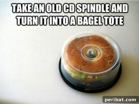 250 Smart Life Hacks to Simplify Your Life 172 CD spindle as a bagel tote or container