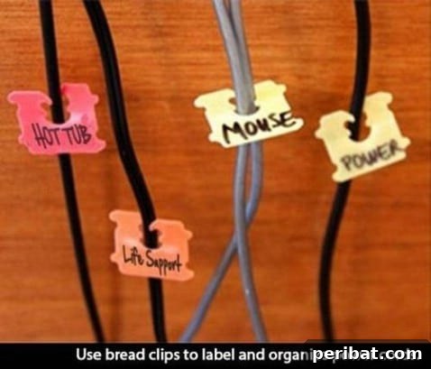 250 Smart Life Hacks to Simplify Your Life 201 Bread clips for organized cords with labels